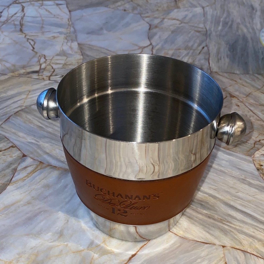 Buchanans De Luxe 12 Years Stainless Steel Ice Bucket Leather Wrap Silver Brown